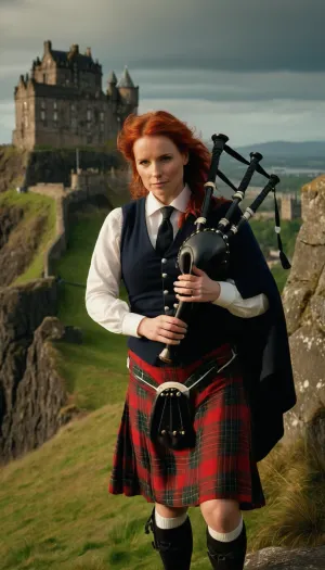 Una splendida donna di 40 anni vestita in costume scozzese, giocando a bagpipes su una scogliera con vista sul Castello di Edimburgo. Ha i capelli rossi e lunghi, guarda la fotocamera con un sorriso malizioso