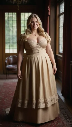 Una donna bionda splendida nel suo 40s con una vista corpo pieno e capelli lunghi di alta qualità sorride alla fotocamera mentre tiene una foto di se stessa. Lei indossa un vestito sexy vittoriano