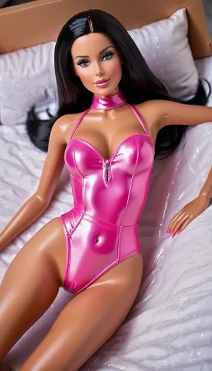 La poupée barbie femme hyper réaliste en plastique et en PVC, grande avec des caractéristiques très mignonnes, cheveux ultra noirs droit en cascade au-dessus de ses épaules, grands yeux bleus pétillants avec un sourire ludique, peau d'huile très serrée