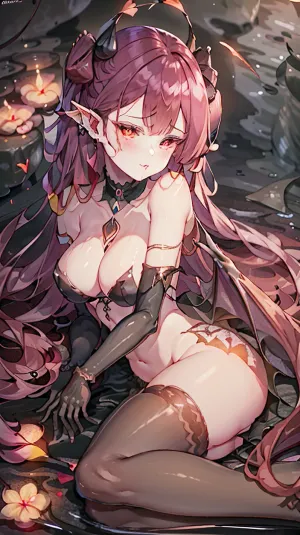 Succubus, 그녀의 긴 경적과 악마 날개와 함께, 풀의 가장자리에 앉아, 그녀의 눈 seductive와 심장 모양의. 그녀의 문신은 심장과 경적이었습니다. 그녀의 모습을 더 아름답게 만듭니다. 그녀는 있었다