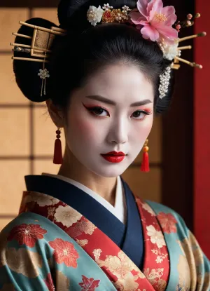 Un groupe de geishas assis autour d'une table, leurs visages peints avec des motifs complexes. L'un d'eux s'est approché et a saisi une petite bouteille de son propre visage, en versant son contenu sur son propre visage. Les autres geishas regardés dans l'admiration comme