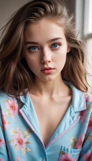 摄影现实主义的AI生成的杰作描绘了一个可爱的18岁女孩,有着圆圆的乳房,松散的盘状头发,以及明亮的照明. 她穿着无顶的睡衣 姿势显示