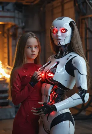 Kristina Pimenova, a futuristic robot with a high-tech brainpan and ripped pencil minidress, captivates fans with her beauty and intelligence