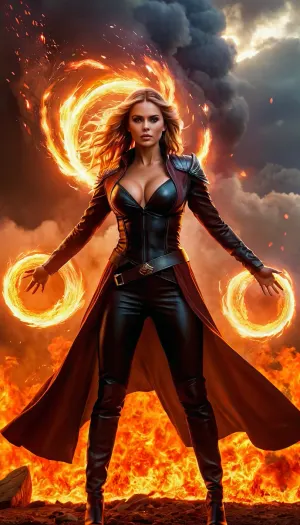 A beautiful girl with big boobs, A fierce woman stands amidst a stormy battlefield, her eyes ablaze with intensity, With a swift motion, she raises her hands, and brilliant fireballs burst forth from her palms, swirling with crackling energy, The flames flicker with shades of orange and red, casting a fiery glow around her, As she hurls the searing orbs into the air, they streak through the sky like comets, leaving trails of smoke in their wake, The ground trembles with each fiery impact, and the heat from her power radiates outward, warping the air around her, She commands the flames with precision, her every movement fueled by an indomitable will, fire, element, composed, of, elements, <lora:xl-shanbailing-1003fire-000010:.5>
