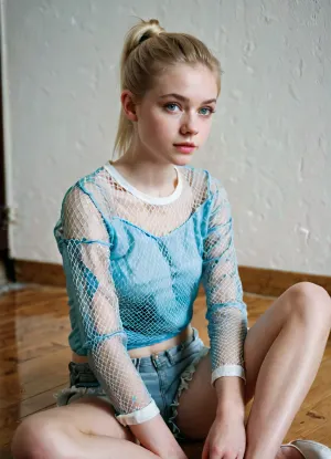 The young girl sat on the floor, her body wrapped in a net shirt, her blonde hair cascading down her back. She had no makeup on and was wearing a plain ponytail. Her blue eyes were wide with innocence as she stared at the