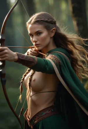 The elf ranger was skilled in archery, and her keen eyes were trained on the target. She drew back the string, aiming for a perfect shot. The arrow flew through the air with ease, piercing through the target with ease. The naked