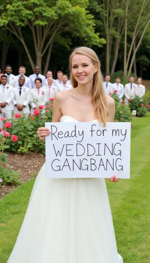 Eine zierliche Braut mit langen blonden Haaren steht in einem Rosengarten, der ein großes handgemachtes Zeichen hält, das "Ready for my wedding gangbang" liest. Sie lacht mit Vorfreude, da sie das Schild hoch hält. Die Braut trägt eine schöne weiße und schwarze lange Hochzeit