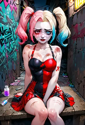 Harley Quinn, die berüchtigte Villarie der DC Comics, saß in einer schmutzigen hinteren Gasse, weinte und mit blauen Flecken bedeckt. Sie hatte Gwenpools harte Drogen seit Wochen benutzt, und sie konnte die Sucht nicht erschüttern