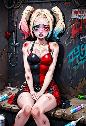 Harley Quinn, ein ehemaliger Superheld, saß in der schmutzigen hinteren Gasse, umgeben von Gwenpools harten Drogen. Ihr Körper wurde brutal und geschlagen, eine Erinnerung daran, wie weit sie gefallen war