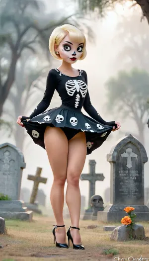 Una linda chica asiática en un traje de esqueleto estaba tomando fotos en un cementerio, con su corte de pelo de pixie y maquillaje de cuerpo completo haciendo su mirada viva
