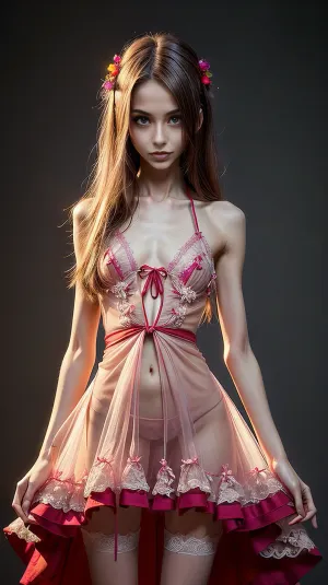 Un modelo hiperrealista de 18 años de edad con una composición corporal perfecta, sin ropa interior bajo el vestido, sin ropa interior visible, muñecos y cintas en el vestido de noche, de pie en enfoque cristalino con luces brillantes y sombras en un