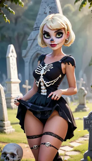 Una chica mexicana en un traje de esqueleto sexy se encuentra frente a un cementerio, posando para la cámara con corto falda y rubio platino pelo cortado. Lleva un traje sexy y una demeanor juguetona, sumando al gótico general