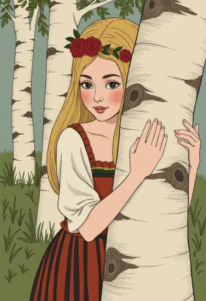 Dans un monde où l'IA et la technologie règnent suprêmes, une belle fille russe aux longs cheveux blonds et aux yeux bleus perçants se dresse derrière un bouleau. Elle porte une robe vintage en tissu tatoué, qui cache son corps aux yeux criants