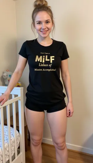 Una madre di 25 anni, che ha appena partorito il suo primo figlio, si trova in un vivaio casalingo con pantaloni di pigiama e una t-shirt con il testo "Da Virgin a MILF, Mission Accomplished" scritto su