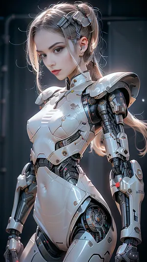 완벽한 몸과 비대칭 눈을 가진 photorealistic cyberpunk prosthetic 소녀는, 그녀의 아름다운 니플을 계시하는 목줄을 가진 짧은 복장을 착용하고, 다리를 위로 들고, 그녀의 아름다운 머리를 계시하는 목줄을 가진 짧은 복장을 착용합니다