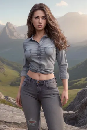 Una mujer en pantalones vaqueros se sentó en la cima de la montaña, su pelo se extendió como una fotorealista altamente detallado 8k foto cruda. Llevaba una vista completa del cuerpo La camisa gris pizarra y la iluminación volumétrica la hacían parecer que flotaba en el