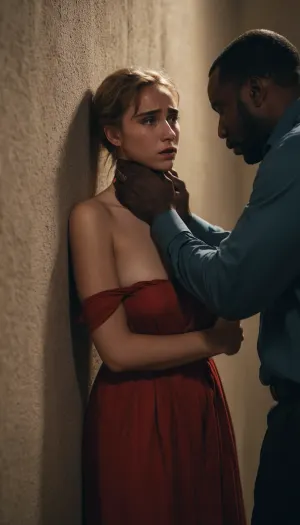 A young E-girl is being pushed against the wall by two tall black men, her body is tightly wrapped around by one of them, she is crying and trying to push him away. Suddenly, a picture of a pornographic video appears on the