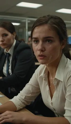 一个忙碌的办公室里的年轻女性试图专注于她的工作,但她的同事却不断给她的外表怪异. 女人脸颊上有明显的白色液体壳,她正试图忽略这一点。 她的一些同事看起来很可疑