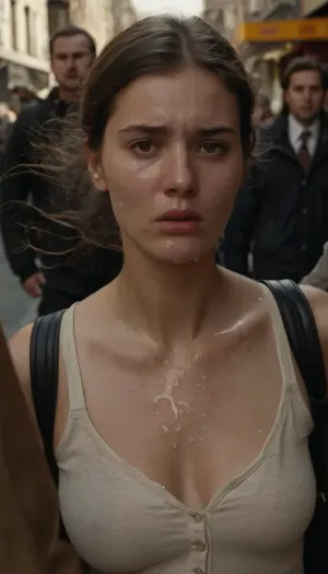 年轻女子感到不舒服和尴尬,试图在穿过繁忙的城市街道时表现正常. 然而,她的不适表现在她的脸上和她保持自己的方式上. 她试图走得更快, 但白色的形象