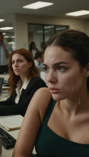 照片中的年轻女子试图专注于自己的作品,但同事却不断给她的外表怪异. 她的脸颊上有白色液体的明显地壳,她正试图忽略这一点。 她的一些同事看起来很可疑