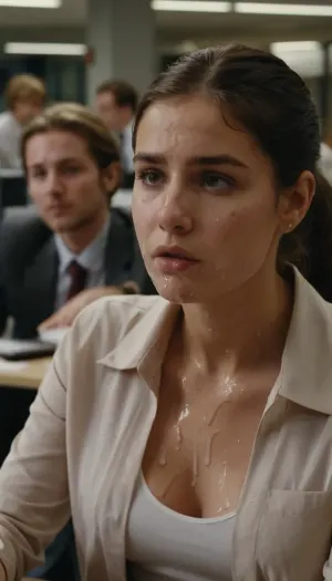 照片中的年轻女子试图专注于自己的作品,但同事却不断给她的外表怪异. 她的脸颊上有白色液体的明显地壳,她正试图忽略这一点。 她的一些同事看起来很可疑