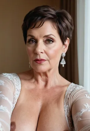 The old woman sat in front of her vanity mirror, admiring a picture of herself in lingerie that showed off her curves perfectly. She was a big brunette with pixie short hair and big saggy tits. Her neck was lace