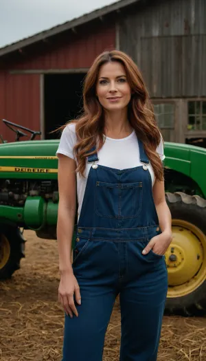 Una donna di 40 anni posa davanti a un John Trattore Deere, con jeans a vita alta e una camicia a maniche lunghe. I suoi seni sono di medie dimensioni e perky, con capezzoli che spiccano