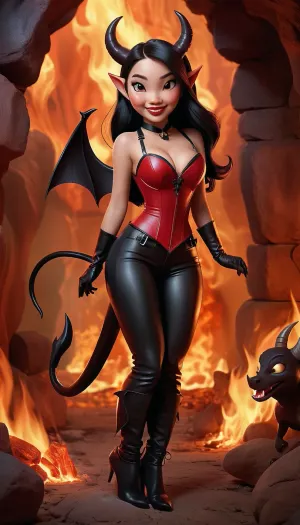 Una chica asiática sexy en un disfraz de diablo de cuero con cuernos y cola se para delante de una caverna, rodeada de fuego y demonios. Ella tiene pelo largo recto, mala sonrisa, y está sosteniendo un látigo