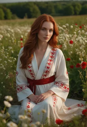 Una donna con i capelli ardenti fluenti, occhi luminosi morbidi, indossa un abito bianco e rosso con motivi di cuore, seduto su piccoli fiori in un campo di fiori. Ha anatomia perfetta e texture della pelle dettagliata