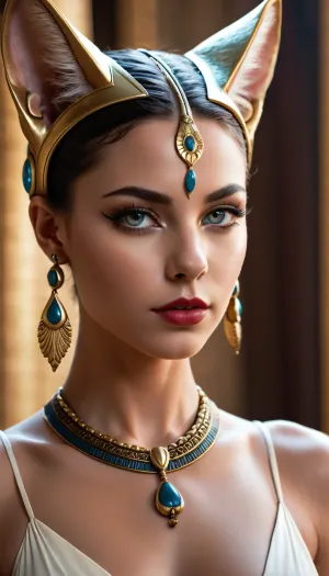 Bastet, the goddess with cat ears and human body half cat half human, stands beautifully elegantly with cherry lipstick on her lips and white skin that looks like a human body.