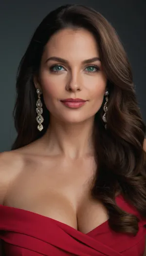 女性の長い暗い茶色の髪は彼女の背中をカスケードし、彼女の繊細な顔をフラミングします。 メイクは微妙で、自然の美しさを強調し、大きな目と温かい笑顔を強調しました。 ドレスは、シンプルでエレガントな赤色で、