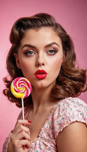 The young adult nymph with her lollipop, glossy, professional photoshoot for a magazine in the 1950s style