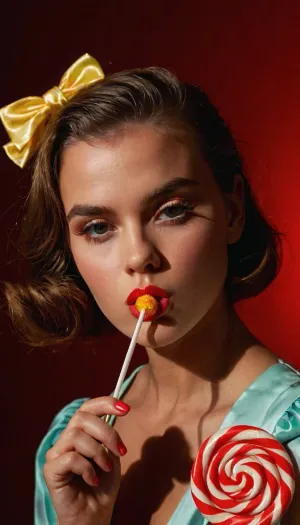 pouting young nymphette with her lollipop, glossy, photoshoot for a magazine, vibrant colors