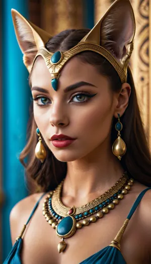 The best quality picture of Bastet, the ultra-detailed AI generated cat goddess with cherry lipstick on her lips and white skin, is a high resolution 8k wallpaper. She stands beautifully feminine with her half cat half human body and looks