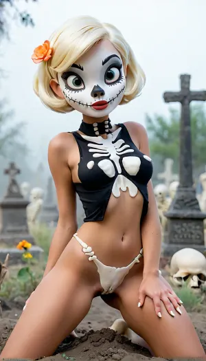 照片中的女孩身着可爱的骨架服装,身着白金金色的短发,全身可见,腿部散漫. 她笑了,眼睛闭上了 在背景中,有骨架从泥土里爬出来 抓住她