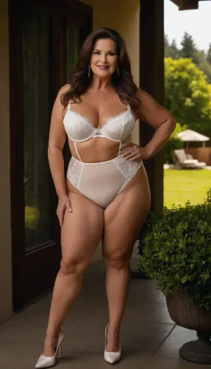 一个65岁的胖女人穿着白色新娘性感的内衣照片,照片上有一个淘气的微笑和长长的头发站在外面