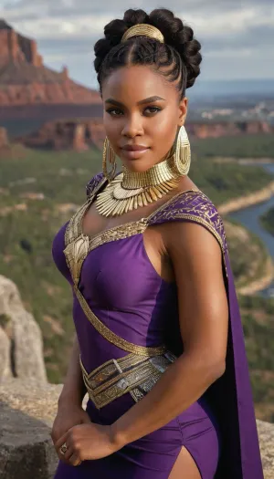 キュリーヘアの入った女性は、伝統的なまだハイテクな服を取り入れ、複雑なパターンと質感を身につけ、ワカンダを見下ろす崖の上に立っています。 彼女の服は、彼女の遺産を語る複雑なパターンで飾られたフィットされたボディスで構成されています、