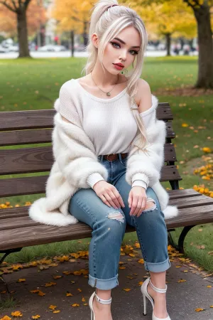 Uma menina bonita com maquiagem de alta qualidade e rabo de cavalo, vestindo sua melhor roupa, estava sentado em um banco no parque, apreciando a paisagem de outono enquanto vestia roupas fotorealistas