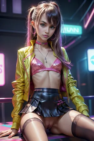 A hyper detailed and realistic 18-year-old natural petite cutie, with a miniskirt with frills and ribbons, lace stockings, and knee socks. She is lying down on the table in the nightclub in the picture