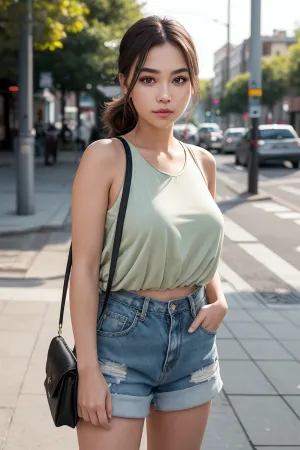 A photorealistic portrait of a young woman standing at a bus stop, her skin texture is soft, adding to the serene mood. Her almond-shaped eyes are wide, gazing off into the distance with a calm, contemplative look