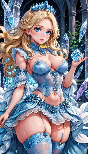 The Snow Queen is captured in a mesmerizing pose, her icy-blue eyes staring straight ahead, her full lips parted slightly. Her platinum-blonde hair cascades down her back in soft waves, and the delicate lace of her outfit