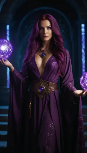 La magotta di magia scura, con i suoi capelli porpora fluenti e gli occhi viola splendenti, si trovava in una camera mistica piena di rune galleggianti e orbi splendenti. Ha coniugato una palla di energia scura in mano, pelle radiosa con una