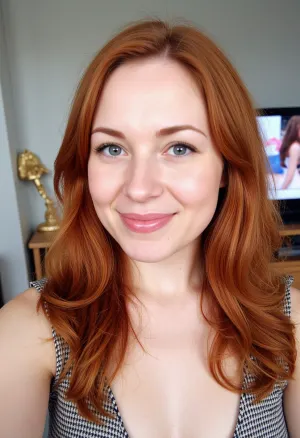 A 55-year-old MILF with long, curly red hair, styled in soft waves, is wearing a black and white houndstooth-patterned top with part of her shoulder and chest visible. She has fair skin and light