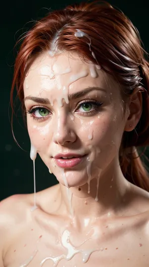 Сцена Буккаке с участием рыжеволосой девушки с красивыми зелеными глазами и милым лицом. У нее 8k AI, 4k cum и подробные черты лица. Сцена установлена в топлес картине с сильным освещением