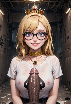 La donna era completamente nuda, con i suoi capelli che le coprivano il viso. Aveva un grosso cazzo nero in bocca, e lei era coperta di sperma. Il suo corpo era tatuato e aveva un collare d'oro intorno al collo. Sembrava scioccata