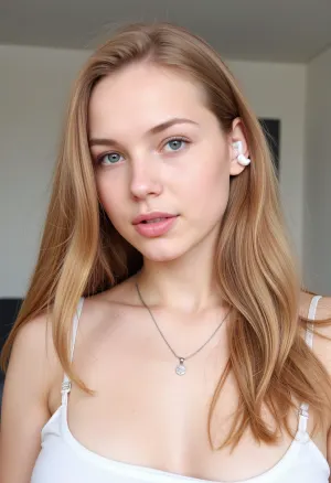 The woman in the picture is wearing a white tank top with spaghetti straps, revealing her pearl necklace. Her hair is parted on the side and falls straight down to her collarbone, framing her face. She has striking blue eyes and a