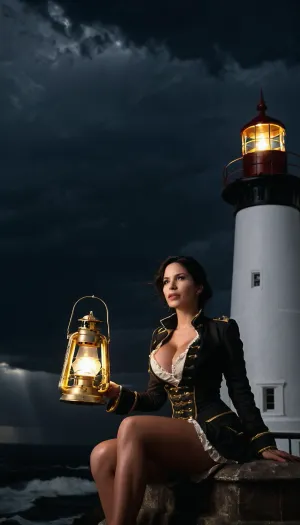woman, european female, 35 years old, black hair, brown eyes, steampunk uniform, extrem deep cleavage, sitting on top of a large lighthouse with light beaming into the distance, dark sky, night, stormy weather, waves, high contrast, high resolution, total view, from a distance, bmbplora, <lora:bimboxl_02:.5>, (((a ray of light from a lantern she is holding)))