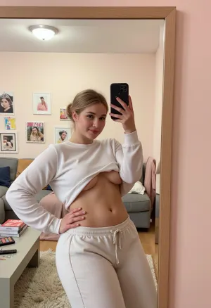 A 25-year-old college woman with ash-blonde hair and dimples, wearing a thin lipstick, is posing effortlessly with a hand on her hip. She's dressed in sweat pants and a loose top, showing off her