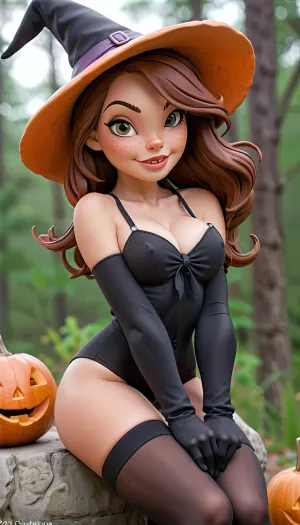 Una chica linda que lleva un traje de bruja con medias y sin bragas, sin falda, sin ropa interior, sentado en un jack-o-lantern con su tallo en su coño, desnudo, desnudo, estilo chrissandersartstyle