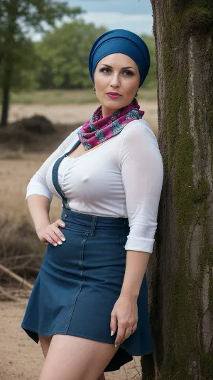 一张在荒地中穿戴高质量超详细RAW照片的卷曲女性照片,分辨率为8k,最高质量为4K. 照片在荒地里,有撕破的衣服和闪闪发光的内裤